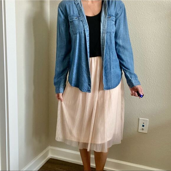 BOBEAU Creamy Pink Mesh Overlay Midi Skirt Size Small Pull On Elastic Waist - Picture 2 of 7